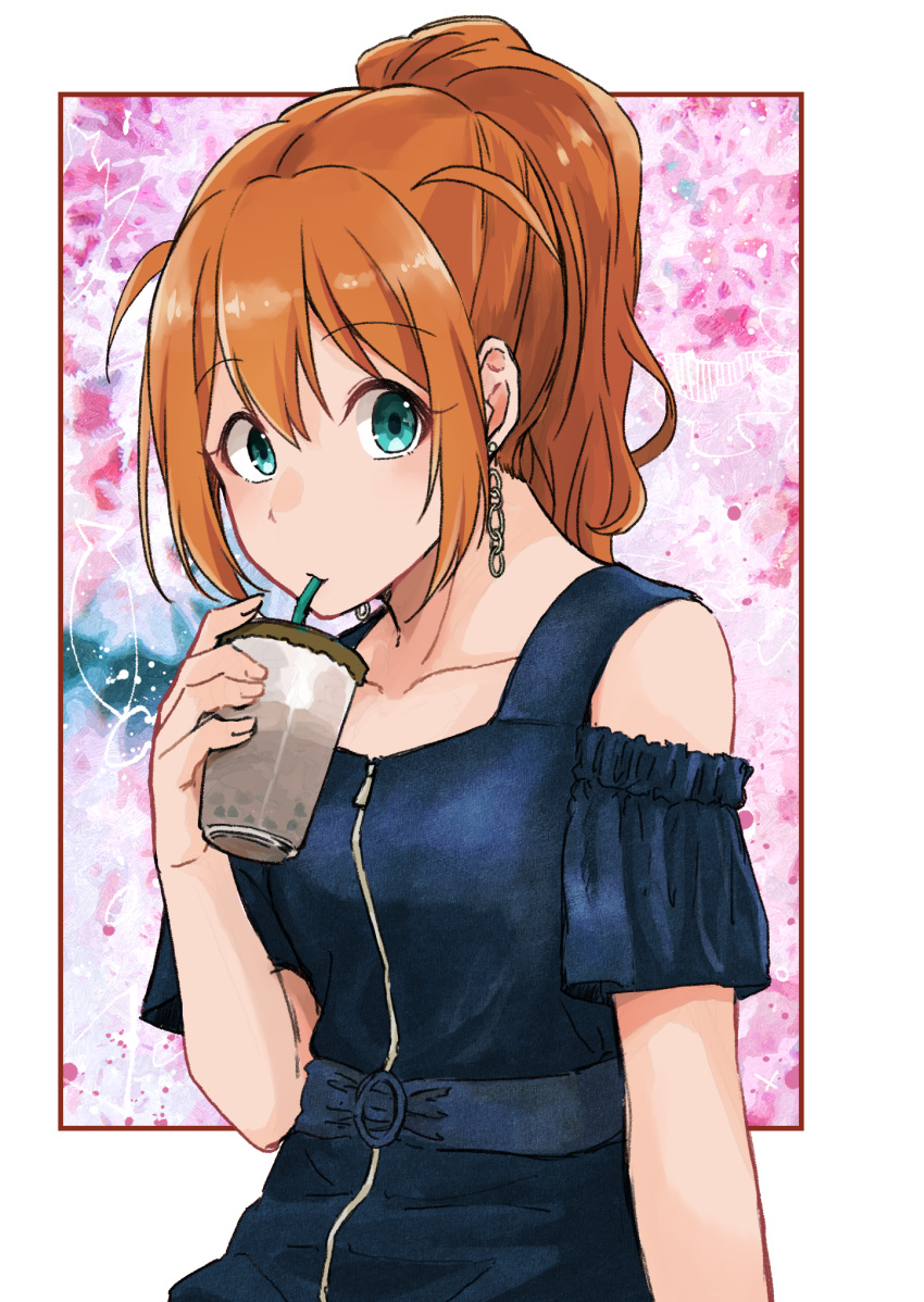 1girl baba_konomi blue_dress blue_eyes brown_hair collarbone dress drinking drinking_straw earrings eyebrows_visible_through_hair hair_between_eyes high_ponytail highres holding idolmaster idolmaster_million_live! jewelry long_hair looking_at_viewer rurika_seijin shiny shiny_hair short_sleeves sidelocks solo upper_body white_background