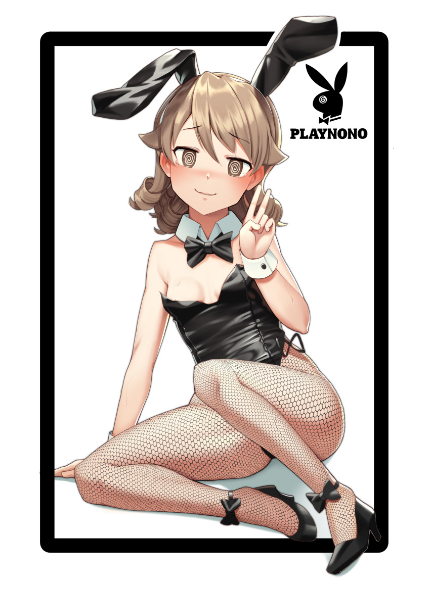 1girl @_@ absurdres animal_ears black_footwear black_leotard black_neckwear blush bow bowtie breasts brown_eyes bunny_girl bunny_tail bunnysuit detached_collar drill_hair fishnet_pantyhose fishnets goback high_heels highres idolmaster idolmaster_cinderella_girls leotard light_brown_hair logo_parody long_hair morikubo_nono nose_blush pantyhose playboy rabbit_ears simple_background sitting small_breasts solo strapless strapless_leotard tail v white_background wrist_cuffs yokozuwari