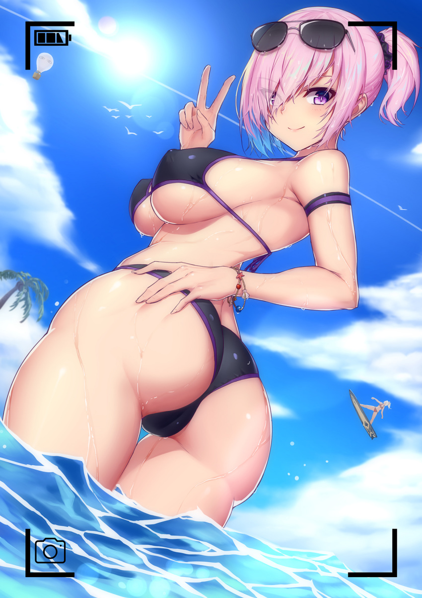 2girls aircraft ass bangs bikini bird black_bikini blush bracelet breasts covered_nipples eyebrows_visible_through_hair eyes_visible_through_hair fate/grand_order fate_(series) hair_over_one_eye highres hot_air_balloon jewelry large_breasts mash_kyrielight mordred_(fate)_(all) mordred_(swimsuit_rider)_(fate) multiple_girls palm_tree phil ponytail purple_hair red_bikini short_hair short_ponytail sky smile sun sunglasses surfboard swimsuit tree v viewfinder violet_eyes wading water