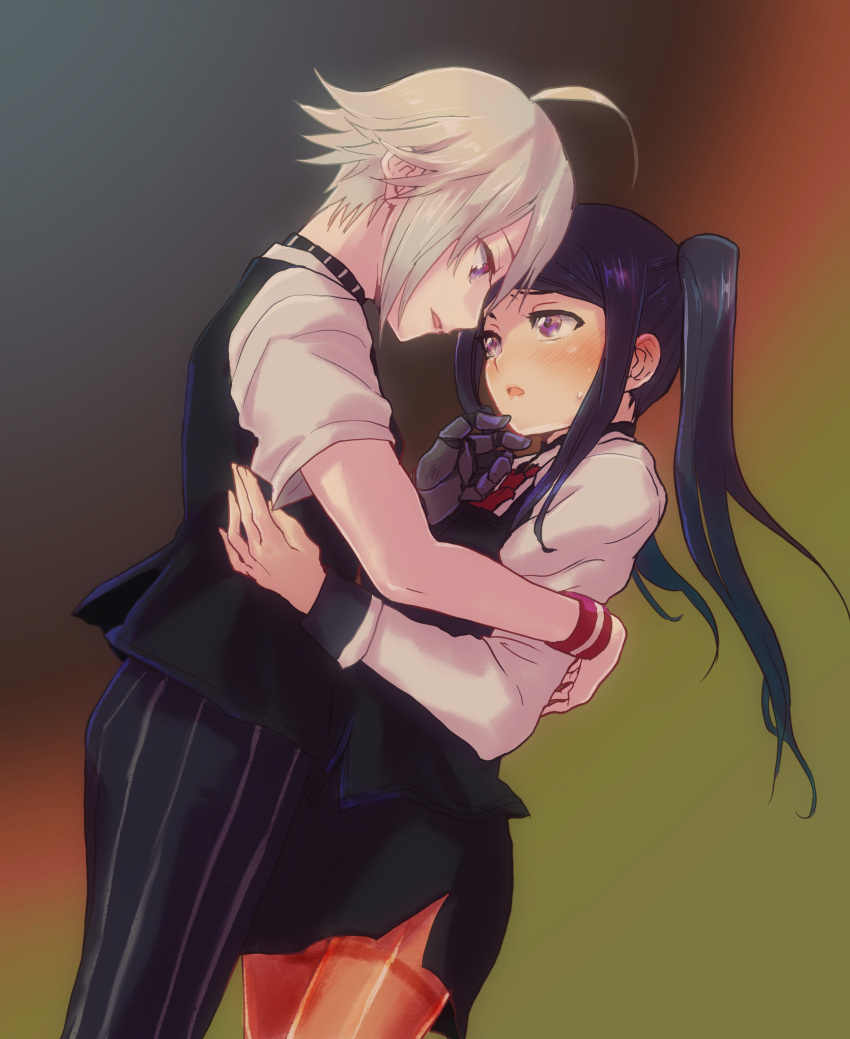 2girls absurdres bartender blush commentary_request dana_zane highres hug jill_stingray mechanical_arm mugitarou multiple_girls necktie pants pantyhose purple_hair red_eyes sweat touching_another's_chin twintails va-11_hall-a white_hair yuri