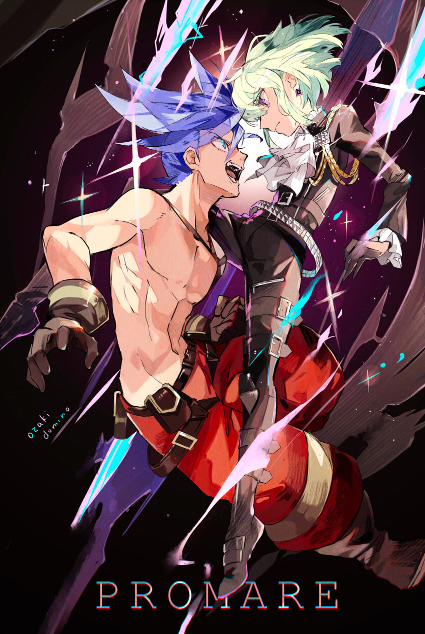 2boys baggy_pants belt black_gloves black_jacket blonde_hair blue_eyes blue_hair chest copyright_name cravat earrings frilled_sleeves frills galo_thymos gloves green_hair highres jacket jewelry lio_fotia male_focus multiple_boys open_mouth ozadomi pants promare shirtless signature smile spiky_hair violet_eyes