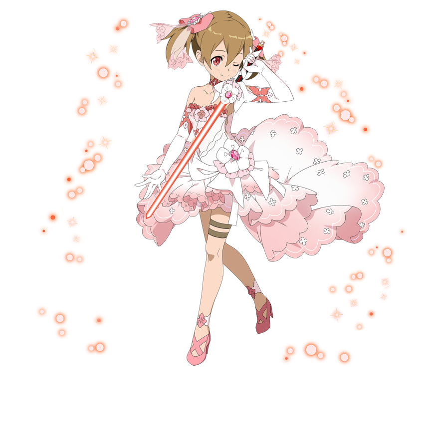 1girl ;) beam_saber brown_hair choker closed_eyes collarbone dress elbow_gloves full_body gloves hair_between_eyes high_heels highres holding holding_sword holding_weapon layered_dress looking_at_viewer medium_hair official_art one_eye_closed pink_footwear pumps red_eyes shiny shiny_hair short_dress silica sleeveless sleeveless_dress smile solo standing strapless strapless_dress sword sword_art_online thigh_strap transparent_background weapon wedding_dress white_dress white_gloves
