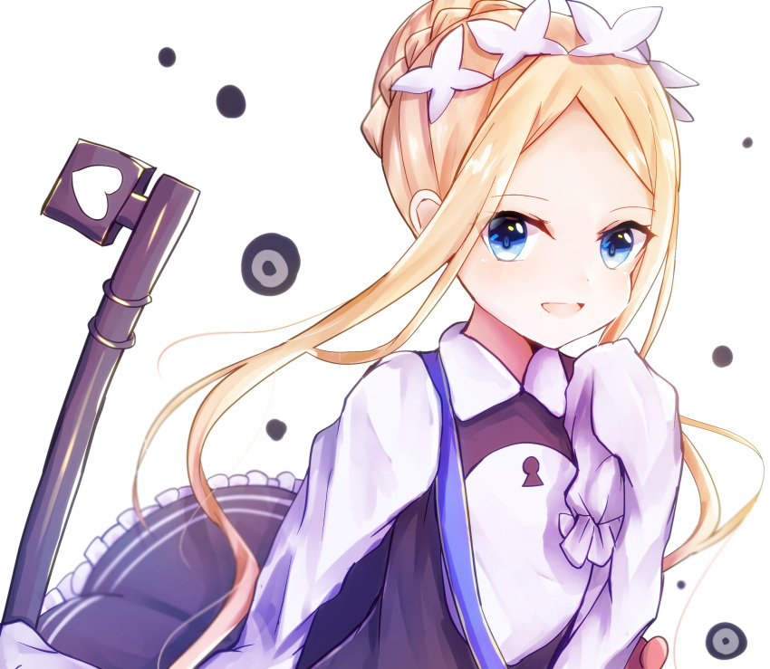 1girl :d abigail_williams_(fate/grand_order) bangs black_dress blonde_hair blue_eyes braid butterfly_hair_ornament commentary_request dress fate/grand_order fate_(series) forehead hair_bun hair_ornament hand_up heart heroic_spirit_chaldea_park_outfit highres keyhole long_hair long_sleeves looking_at_viewer open_mouth parted_bangs pero_1005 sidelocks simple_background sleeveless sleeveless_dress sleeves_past_fingers sleeves_past_wrists smile solo very_long_hair white_background