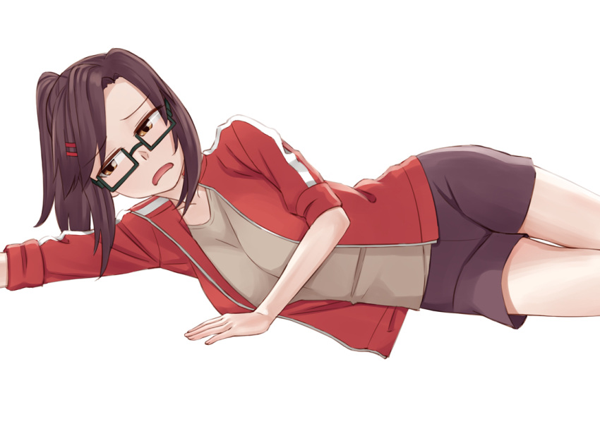 1girl black-framed_eyewear black_shorts brown_eyes brown_hair easy_(aqk7bdqt) glasses hair_ornament hairclip jacket kouenji_(sewayaki_kitsune_no_senko-san) long_hair looking_at_viewer lying on_side open_mouth ponytail red_jacket sewayaki_kitsune_no_senko-san short_sleeves shorts simple_background solo white_background