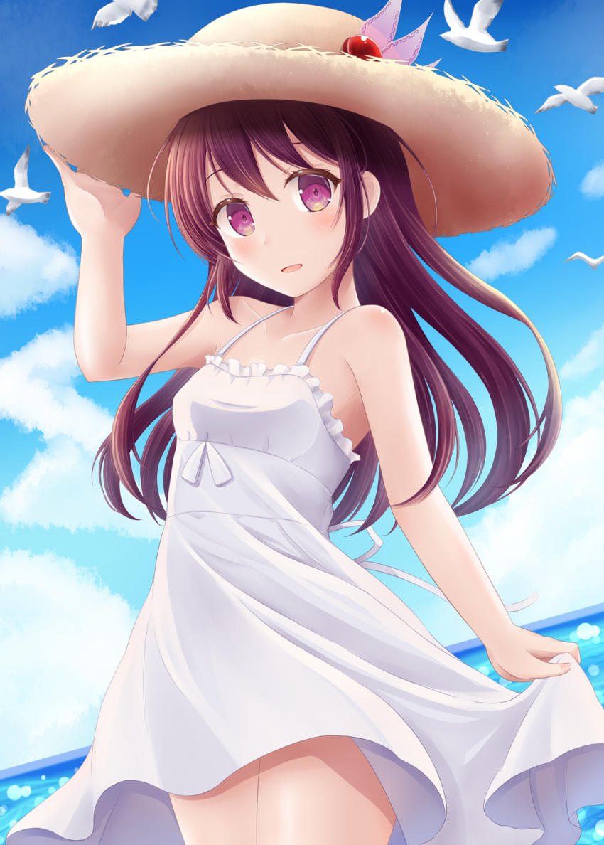 bare_shoulders bird blush breasts brown_hair clouds dress hat highres kantai_collection kisaragi_(kantai_collection) looking_at_viewer minakami_mimimi ocean open_mouth pink_eyes skirt skirt_lift sky small_breasts straw_hat sundress thighs