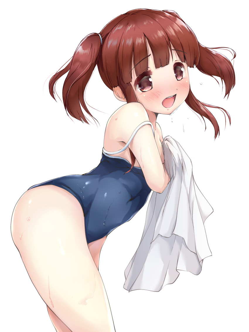 1girl :d arched_back bangs bare_arms bare_shoulders blue_swimsuit blush brown_eyes brown_hair commentary_request eyebrows_visible_through_hair highres holding holding_towel idolmaster idolmaster_cinderella_girls kuroba_aki leaning_forward looking_at_viewer looking_to_the_side ogata_chieri one-piece_swimsuit open_mouth school_swimsuit sidelocks simple_background smile solo swimsuit towel twintails wet white_background