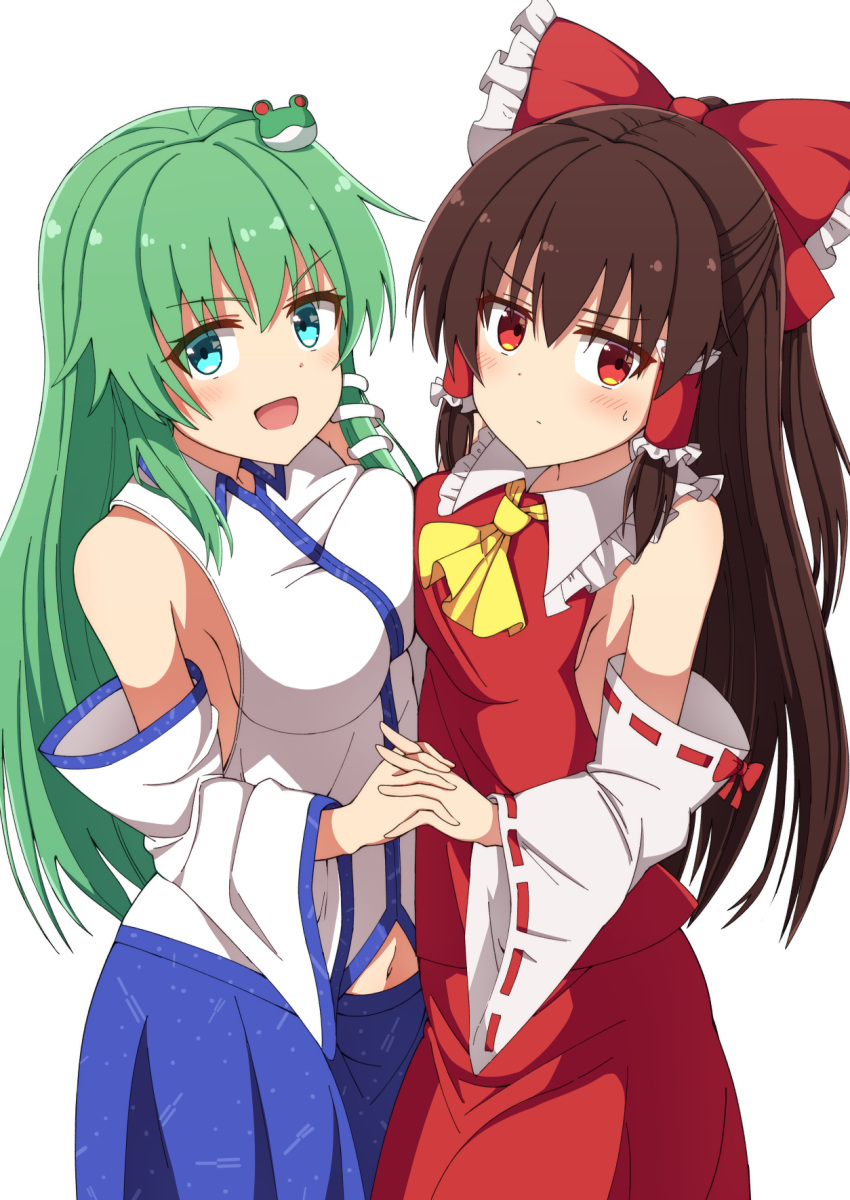 2girls aqua_eyes asymmetrical_docking bare_shoulders blue_skirt blush bow breast_press breasts brown_hair commentary_request cowboy_shot cravat detached_sleeves expressionless eyebrows_visible_through_hair frog_hair_ornament green_hair hair_between_eyes hair_bow hair_ornament hakurei_reimu half_updo head_tilt highres holding_hands interlocked_fingers kochiya_sanae long_hair looking_at_viewer midriff_peek multiple_girls navel nontraditional_miko open_mouth ponytail red_eyes red_skirt red_vest sideboob simple_background skirt skirt_set snake_hair_ornament standing sweatdrop symmetrical_docking taki_sandstone touhou very_long_hair vest white_background white_vest yellow_neckwear