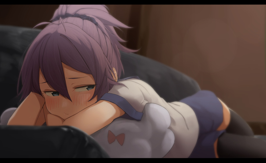 1girl ahoge aoba_(kantai_collection) bangs black_legwear blue_eyes blush breasts couch enoshito frown hair_ornament half-closed_eyes highres indoors kantai_collection letterboxed long_hair lying messy_hair on_stomach pink_hair ponytail pout purple_hair school_uniform scrunchie serafuku shorts sidelocks skirt solo thigh-highs