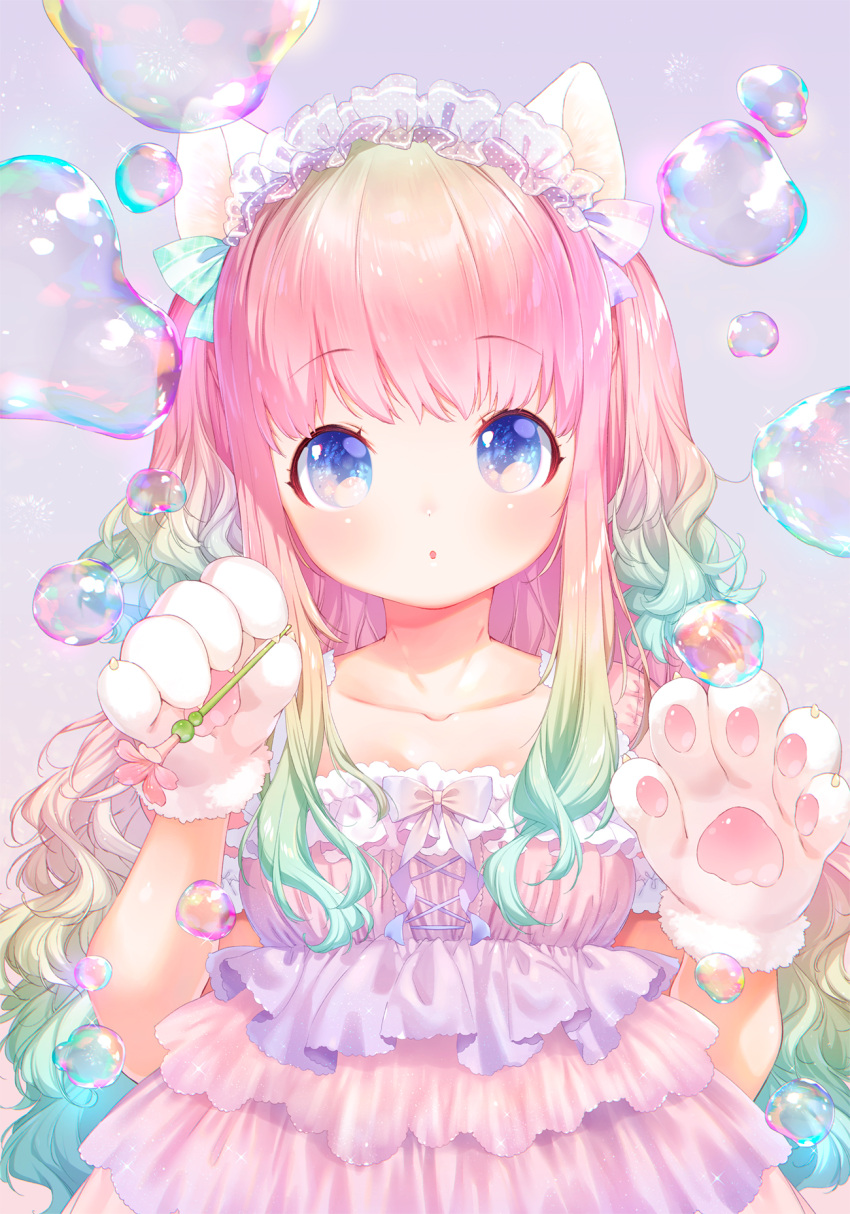 1girl :o animal_ears bangs blue_bow blue_eyes blue_hair bow bubble cat_ears collarbone commentary_request dress eyebrows_visible_through_hair gloves gradient_hair green_hair hair_bow hands_up highres holding long_hair looking_at_viewer multicolored_hair mutou_mato original parted_lips paw_gloves paws pink_hair purple_background purple_dress short_sleeves solo upper_body very_long_hair white_gloves