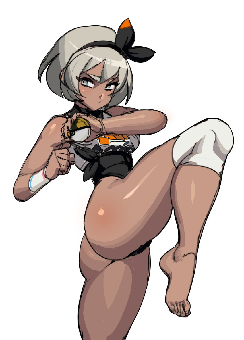 1girl ass barefoot black_hairband black_leotard breasts clenched_hand copyright_request crop_top dark_skin fighting_stance grey_hair hairband highres holding holding_poke_ball leg_lift legs leotard long_legs maniacpaint medium_breasts plantar_flexion poke_ball pokemon pokemon_(game) pokemon_swsh saitou_(pokemon) short_hair sketch sleeveless solo standing standing_on_one_leg thick_eyebrows thighs thong_leotard toes white_background wristband