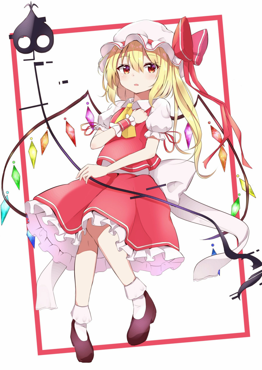 1girl absurdres bobby_socks border brown_footwear clenched_hand cravat crystal expressionless eyebrows_visible_through_hair flandre_scarlet hair_between_eyes hand_on_own_chest hat hat_ribbon highres iyo_(ya_na_kanji) knees_together_feet_apart laevatein leaning_back looking_at_viewer mob_cap petticoat puffy_short_sleeves puffy_sleeves red_border red_eyes red_skirt red_vest ribbon shirt short_hair short_sleeves side_ponytail simple_background skirt skirt_set socks solo touhou vest white_background white_headwear white_legwear white_shirt wings wrist_cuffs yellow_neckwear