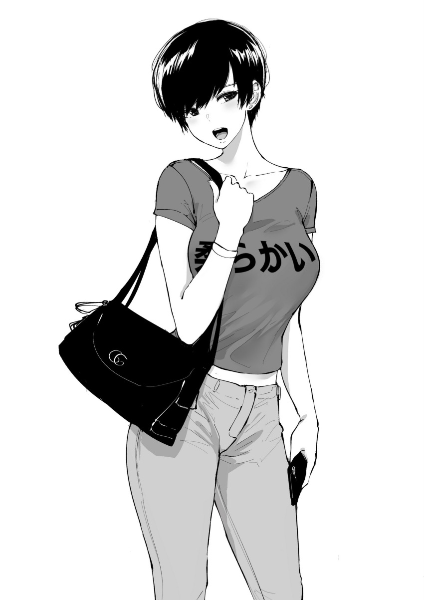 1girl bag bracelet breasts casual cellphone clothes_writing commentary denim english_commentary greyscale handbag highres holding holding_phone jeans jewelry looking_at_viewer medium_breasts monochrome norman_maggot olive_laurentia open_mouth original pants phone pixie_cut shirt short_hair simple_background solo t-shirt white_background