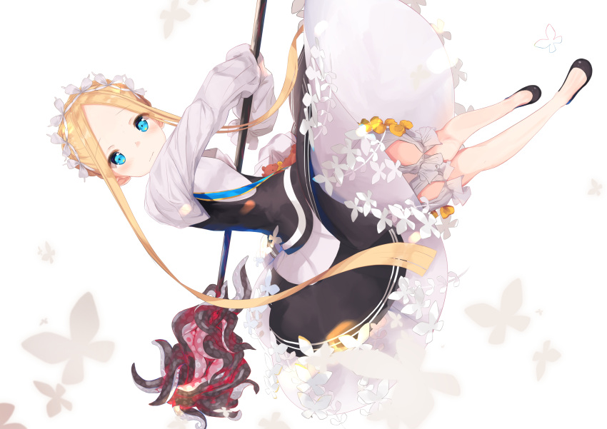 1girl abigail_williams_(fate/grand_order) bangs black_dress black_footwear blonde_hair bloomers blue_eyes blush bow braid butterfly_hair_ornament closed_mouth dress eyebrows_visible_through_hair fate/grand_order fate_(series) force_(fossan_01) forehead full_body glowing hair_ornament highres holding long_hair long_sleeves looking_at_viewer orange_bow parted_bangs shirt shoes sidelocks simple_background sleeveless sleeveless_dress sleeves_past_fingers sleeves_past_wrists solo stuffed_animal stuffed_toy teddy_bear tentacles underwear very_long_hair wavy_mouth white_background white_bloomers white_shirt
