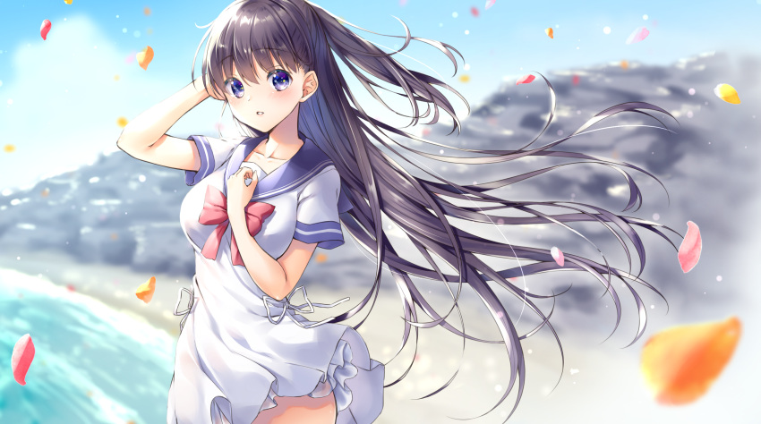 1girl bangs beach black_hair blue_eyes blue_sailor_collar blue_sky blurry blurry_background blush bow breasts clouds collarbone commentary_request day depth_of_field dress eyebrows_visible_through_hair hair_between_eyes highres long_hair looking_at_viewer medium_breasts original outdoors parted_lips petals ponytail red_bow sailor_collar sailor_dress sand short_sleeves sky solo standing very_long_hair wakuta_chisaki water white_dress window