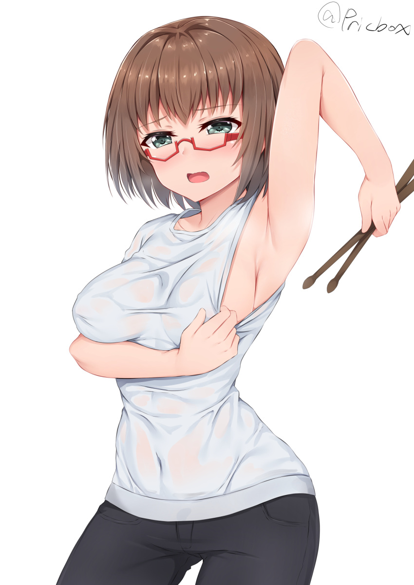1girl bang_dream! bangs bare_arms black_legwear blush breasts brown_hair commentary_request covered_navel glasses green_eyes highres large_breasts looking_at_viewer naitou_kirara open_mouth red-framed_eyewear semi-rimless_eyewear shirt short_hair signature simple_background solo under-rim_eyewear white_background white_shirt yamato_maya
