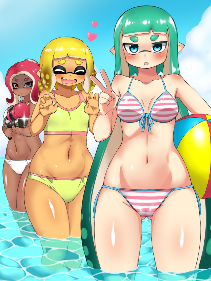 3girls :o ass_visible_through_thighs ball bangs beachball bikini blonde_hair blue_eyes blue_sky blunt_bangs breasts claw_pose closed_eyes closed_mouth clouds cloudy_sky commentary dark_skin day domino_mask fang female_pervert flat_chest front-tie_bikini front-tie_top green_hair groin heart highres holding holding_ball holding_weapon inkling long_hair makeup mascara mask medium_hair multiple_girls navel octoling octoshot_(splatoon) open_mouth outdoors penginmaru pervert pink_bikini pointy_ears red_eyes redhead saliva short_hair skindentation sky small_breasts sparkle splatoon_(series) splatoon_2 splatoon_2:_octo_expansion striped striped_bikini suction_cups swimsuit tan thighs v-shaped_eyebrows very_long_hair wading weapon white_bikini yellow_bikini
