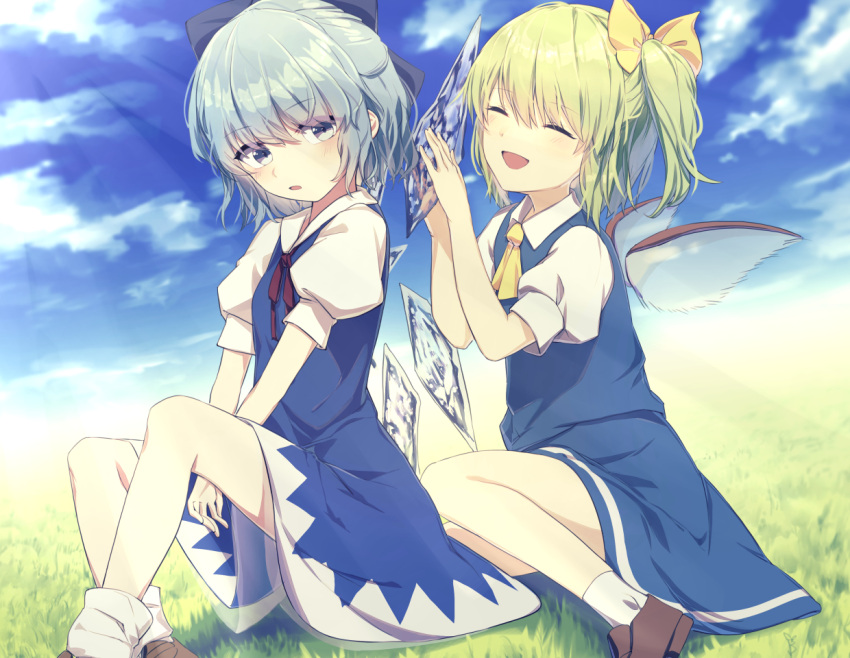 2girls :d ^_^ ascot bangs blue_bow blue_dress blue_eyes blue_hair blue_skirt blue_sky blue_vest bow brown_footwear cirno closed_eyes clouds commentary_request daiyousei day dress eyebrows_visible_through_hair fairy_wings feet_out_of_frame grass green_hair hair_between_eyes hair_bow hands_up ice ice_wings kisamu_(ksmz) light_rays loafers looking_at_viewer multiple_girls neck_ribbon one_side_up open_mouth outdoors parted_lips pinafore_dress puffy_short_sleeves puffy_sleeves red_neckwear red_ribbon ribbon shirt shoes short_dress short_hair short_sleeves sitting skirt skirt_set sky smile socks touhou vest white_legwear white_shirt wings yellow_bow yellow_neckwear