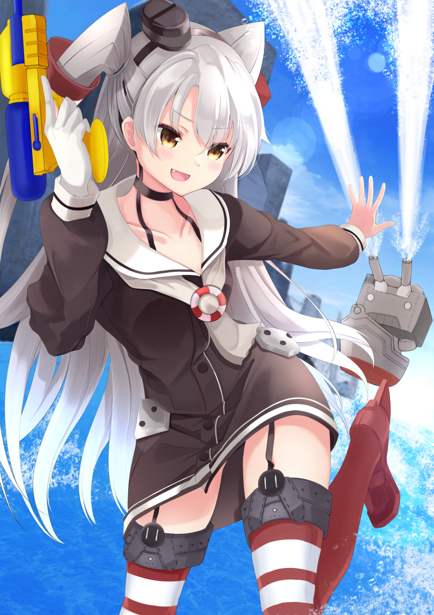 1girl :d absurdres amatsukaze_(kantai_collection) bangs black_choker black_hairband blue_sky blurry blurry_background blush brown_dress brown_eyes building choker clouds collarbone commentary_request date_(mamanonamaebot) day depth_of_field dress eyebrows_visible_through_hair fang gloves grey_hair grey_neckwear hair_between_eyes hair_tubes hairband highres holding kantai_collection lifebuoy long_hair long_sleeves open_mouth outdoors outstretched_arm red_footwear red_legwear rensouhou-kun rudder_footwear sailor_collar sailor_dress shoes short_dress sidelocks single_glove sky smile smokestack standing standing_on_one_leg striped striped_legwear thigh-highs tilted_headwear two_side_up very_long_hair water water_gun white_gloves white_sailor_collar windsock