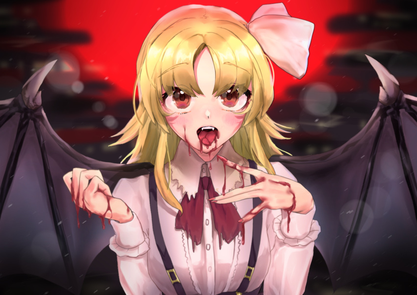 1girl arms_up ascot bangs bat_wings blonde_hair blood blood_in_mouth blood_on_face bloody_hands blurry bokeh clouds depth_of_field eyebrows_visible_through_hair eyes_visible_through_hair fangs fingernails full_moon hair_ribbon hayasumi_(_holiday_ha) highres kurumi_(touhou) long_hair long_sleeves looking_at_viewer moon night open_mouth outdoors parted_bangs red_eyes red_moon red_nails red_neckwear ribbon sharp_fingernails shirt skirt solo suspender_skirt suspenders touhou touhou_(pc-98) upper_body upper_teeth vampire white_shirt wings
