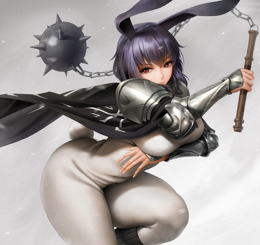 1girl animal_ears bangs black_hair bodysuit breast_hold breasts bunny_tail cape chain flail highres large_breasts looking_at_viewer morning_star obaoba_(monkeyix) original pauldrons rabbit_ears red_eyes short_hair simple_background solo tail vambraces weapon white_bodysuit