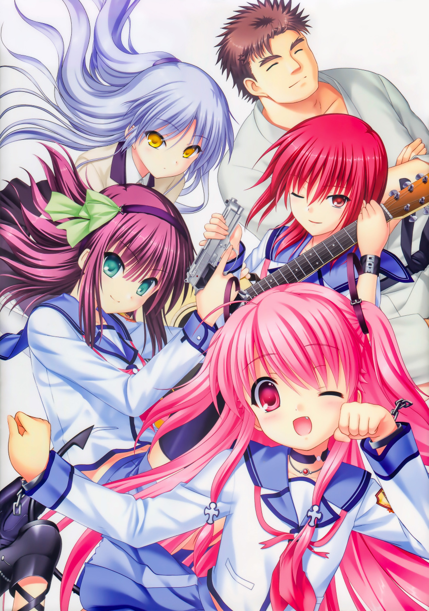 1boy 4girls ;) ;d absurdres angel angel_beats! bangs black_hair blue_sailor_collar blue_skirt chain closed_eyes closed_mouth collarbone collared_shirt eyebrows_visible_through_hair fang floating_hair green_eyes highres holding holding_instrument instrument iwasawa japanese_clothes jewelry kimono long_hair looking_at_viewer matsushita medium_hair miniskirt multiple_girls na-ga necklace one_eye_closed open_mouth paw_pose pink_eyes pink_hair pleated_skirt red_eyes redhead sailor_collar shiny shiny_hair shirt silver_hair skirt smile twintails very_long_hair white_background white_kimono white_shirt wing_collar wristband yellow_eyes yui_(angel_beats!) yuri_(angel_beats!)