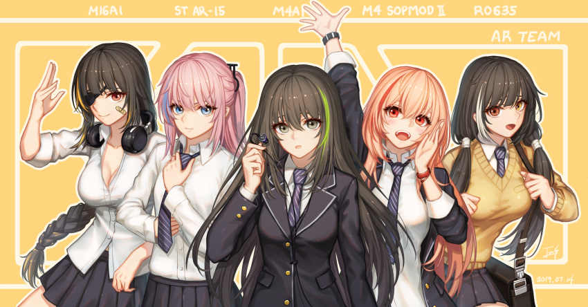 5girls :d absurdres adjusting_clothes adjusting_necktie anti-rain_(girls_frontline) arm_up baek_hyang bag bandaid bandaid_on_face bangs beige_sweater black_hair black_jacket black_skirt blonde_hair blue_eyes blush breasts brown_eyes brown_hair character_name closed_mouth cowboy_shot eyebrows_visible_through_hair eyepatch girls_frontline green_hair hair_between_eyes hand_up heterochromia highres holding_earphone jacket large_breasts long_hair looking_at_viewer m16a1_(girls_frontline) m4_sopmod_ii_(girls_frontline) m4a1_(girls_frontline) medium_breasts mole mole_under_eye multicolored_hair multiple_girls necktie open_mouth pink_hair pleated_skirt ponytail purple_neckwear red_eyes redhead ro635_(girls_frontline) scar school_bag school_uniform shirt sidelocks skirt small_breasts smile streaked_hair twintails untucked_shirt watch watch white_hair white_shirt wristband yellow_eyes