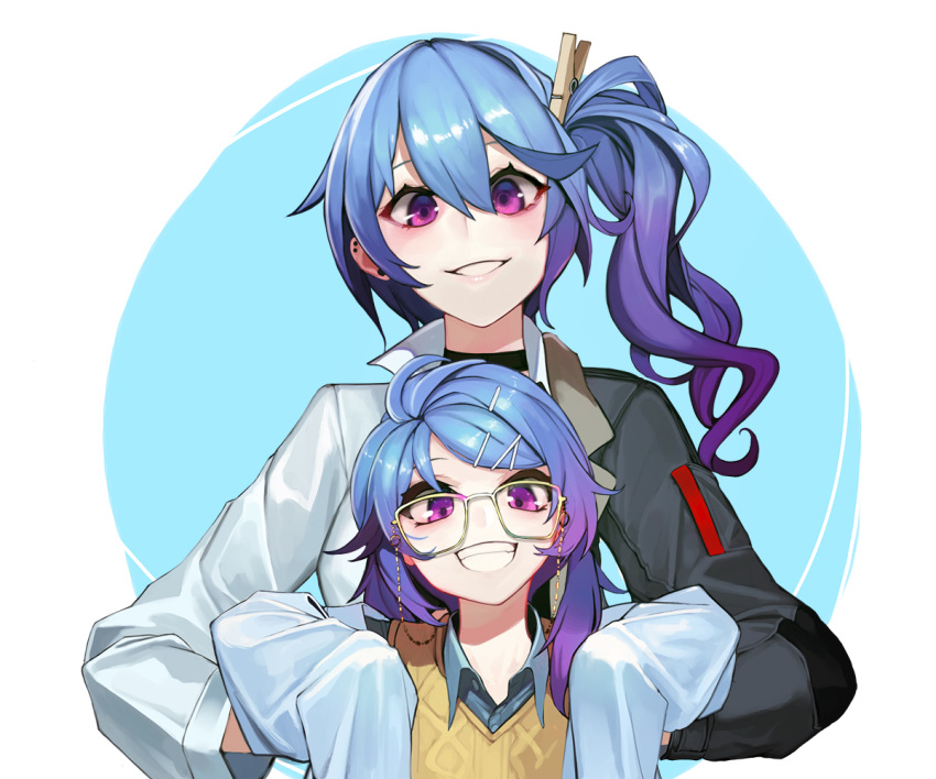 2girls bangs black_jacket blue_eyes blue_hair breasts character_request chils commentary da_(dsasd751) girls_frontline glasses grin hair_between_eyes hair_ornament hairclip jacket k11_(girls_frontline) long_hair long_sleeves looking_at_viewer messy_hair multiple_girls purple_hair shirt side_ponytail smile teeth two-tone_jacket violet_eyes white_jacket