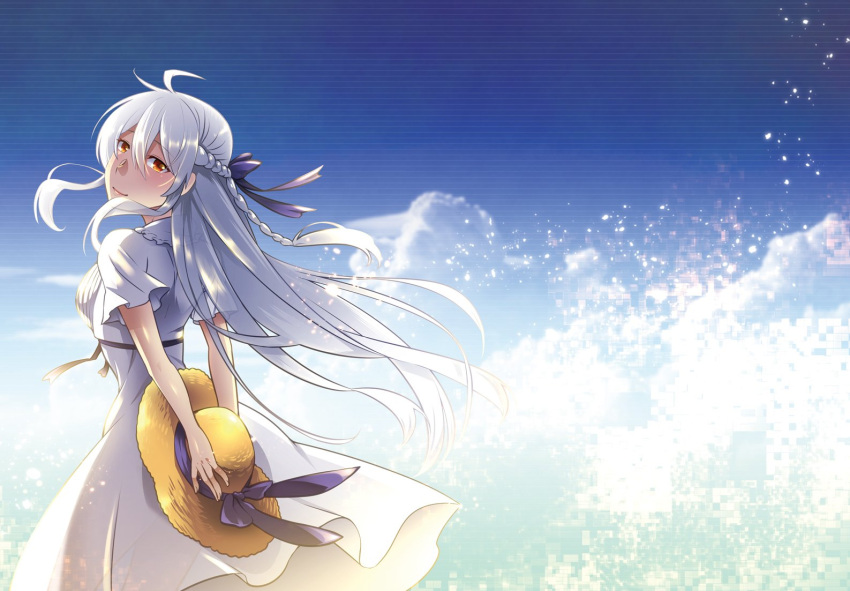 1girl ahoge arms_behind_back blue_sky blush braid brown_eyes caffein clouds cloudy_sky dress eyebrows_visible_through_hair from_behind hair_ribbon hat hat_ribbon holding holding_hat long_hair looking_back ribbon short_sleeves sky smile solo straw_hat sun_hat vocaloid voyakiloid white_dress white_hair wide_shot yowane_haku