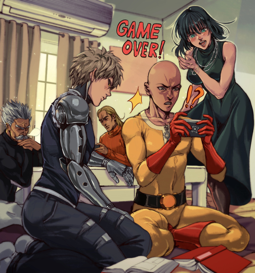 1girl 4boys absurdres air_conditioner apartment bald bang_(one-punch_man) bare_shoulders bedroom black_sclera black_sweater blonde_hair blush bodysuit book clenched_teeth closed_eyes curly_hair curtains cyborg dress english_commentary facial_hair fubuki_(one-punch_man) genos gloves green_dress green_eyes green_hair handheld_game_console highres indoors jewelry king_(one-punch_man) mechanical_arm mechanical_arms multiple_boys mustache necklace one-punch_man open_mouth pantyhose prosthesis red_footwear red_gloves ribbed_sweater saitama_(one-punch_man) scar scar_across_eye short_hair sitting standing sweater table tank_top teeth thisuserisalive turtleneck turtleneck_sweater window yellow_bodysuit