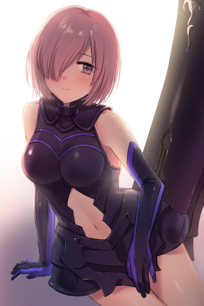 1girl absurdres armored_leotard backlighting black_leotard blush closed_mouth cowboy_shot elbow_gloves fate/grand_order fate_(series) gloves hair_over_one_eye highres leotard looking_at_viewer mash_kyrielight midriff navel pink_hair senbei_no_kakera shiny shiny_hair short_hair sitting smile solo stomach violet_eyes white_background