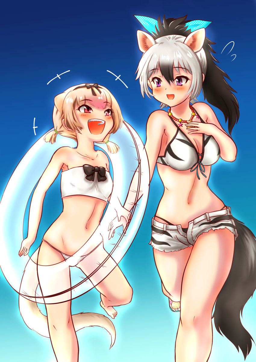 +++ 2girls :d aardwolf_(kemono_friends) aardwolf_ears aardwolf_print aardwolf_tail absurdres alternate_hairstyle animal_ears animal_print anteater_ears anteater_tail aqua_bow bangs bare_arms bare_legs bare_shoulders barefoot bead_necklace beads bikini bikini_under_clothes black_bow black_hair blonde_hair blush bow bowtie breasts buttons collarbone commentary_request cutoffs day extra_ears eyebrows_visible_through_hair feet_out_of_frame front-tie_bikini front-tie_top grey_hair groin hair_between_eyes hair_bow hairband hakumaiya halter_top halterneck hand_on_own_chest hand_up hands_together happy height_difference high_ponytail highres jewelry kemono_friends long_hair looking_at_another low_twintails medium_breasts multicolored_hair multiple_girls navel necklace open_clothes open_fly open_mouth open_shorts outdoors pink_hair ponytail print_bikini print_swimsuit red_eyes running sandals short_hair short_shorts short_twintails shorts sidelocks silky_anteater_(kemono_friends) small_breasts smile stomach swimsuit swimsuit_under_clothes tail toes twintails twisted_torso two-tone_hair unbuttoned upper_teeth violet_eyes white_bikini white_swimsuit