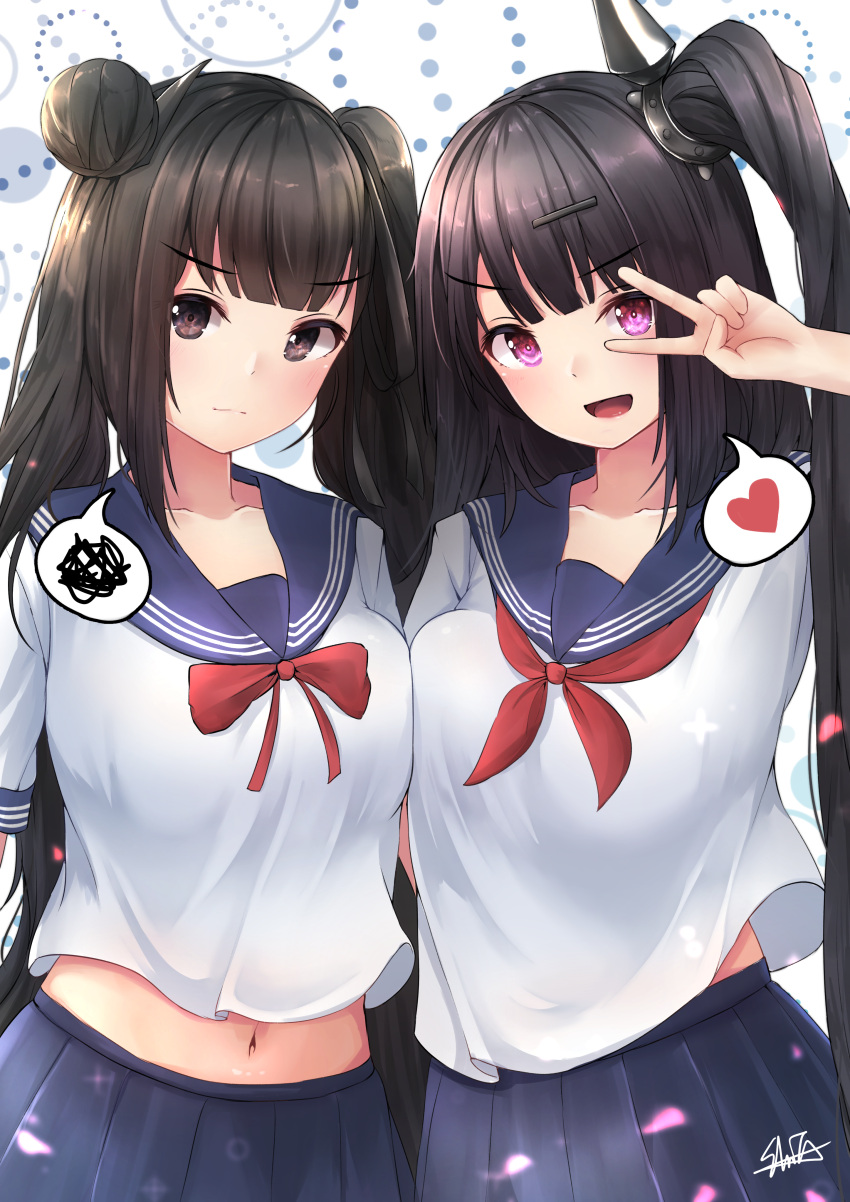 2girls :d absurdres architect_(girls_frontline) bangs black_hair blue_skirt blush bow bowtie breasts brown_eyes collarbone cowboy_shot double_bun eyebrows_visible_through_hair girls_frontline hair_ornament highres hiromaster_sinta_jh long_hair looking_at_viewer medium_breasts midriff multiple_girls one_side_up open_mouth ouroboros_(girls_frontline) petals pink_eyes pleated_skirt red_neckwear sailor_collar sangvis_ferri school_uniform serafuku shirt short_sleeves side_ponytail signature skirt smile spoken_squiggle squiggle v very_long_hair white_shirt
