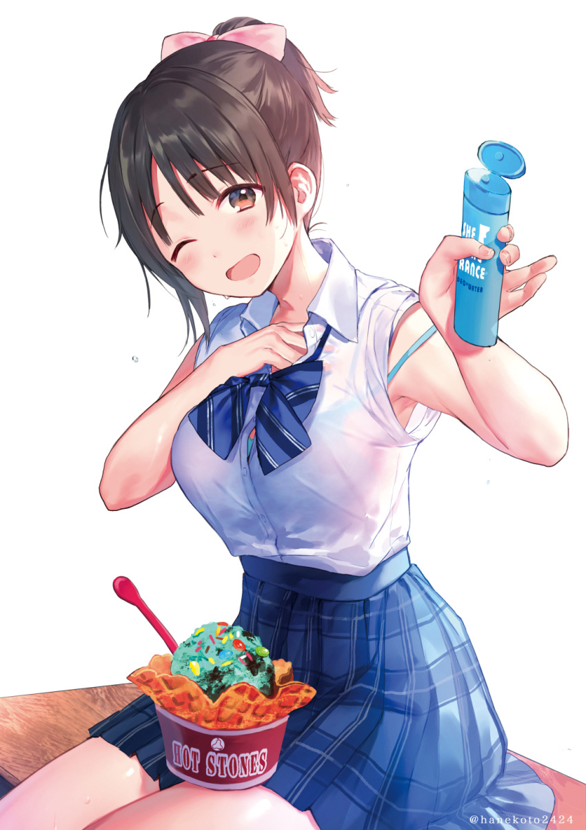 1girl ;d armpits bare_arms black_hair blue_bra blue_neckwear blue_skirt blush bow bowtie bra breasts brown_eyes button_gap buttons collared_shirt commentary_request food hair_bow hand_on_own_chest hanekoto highres holding ice_cream large_breasts looking_at_viewer one_eye_closed open_mouth original pink_bow plaid plaid_skirt pleated_skirt school_uniform shirt shirt_tucked_in short_hair short_ponytail short_sleeves sidelocks sitting skirt smile solo striped striped_neckwear sweat twitter_username underwear wet wet_clothes wet_shirt white_shirt