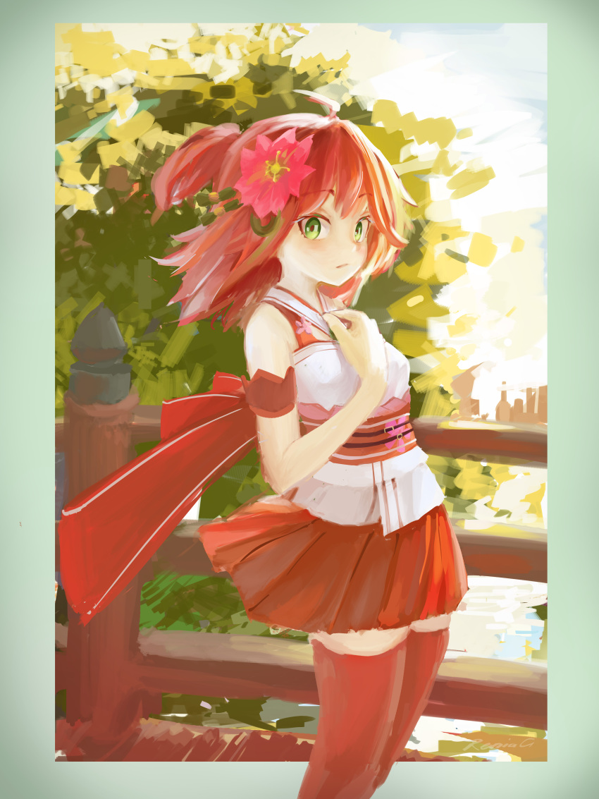 1girl absurdres ahoge bare_shoulders belt belt_buckle buckle cherry_blossom_print cherry_blossoms fence flower gain_er green_eyes hair_ornament hand_on_own_chest highres hololive leaf looking_at_viewer miniskirt nontraditional_miko outdoors pink_hair ponytail redhead sakura_miko skirt solo tagme thigh-highs virtual_youtuber zettai_ryouiki
