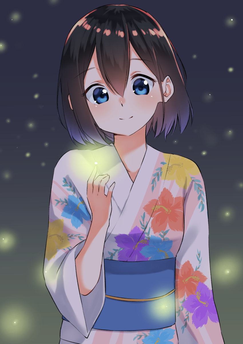 1girl bangs black_hair blue_eyes blush closed_mouth commentary_request eyebrows_visible_through_hair fireflies floral_print hair_between_eyes hand_up head_tilt highres japanese_clothes kimono long_sleeves obi original print_kimono sash short_hair smile solo suzunari_shizuku upper_body white_kimono wide_sleeves yuki_arare