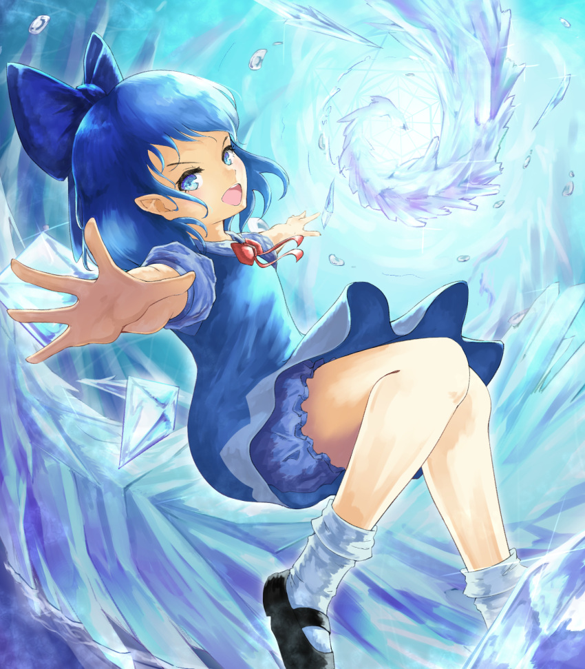 1girl black_footwear bloomers blue_bloomers blue_bow blue_dress blue_eyes blue_hair blue_shirt bow bowtie cirno dress floating folded_leg foreshortening hair_bow highres ice looking_at_viewer mary_janes medium_hair open_hand open_mouth outstretched_arms pinafore_dress pointy_ears puffy_short_sleeves puffy_sleeves red_neckwear shirt shoes short_sleeves socks solo spread_arms touhou umiya_mizuki underwear upper_teeth white_legwear