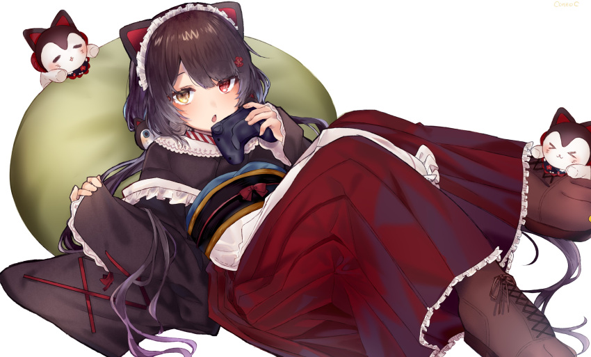 1girl :o absurdres animal_ears animal_hair_ornament apron bangs bean_bag_chair black_hair coneco controller dog_ears eyebrows_visible_through_hair fang flower frilled_skirt frills game_controller hair_flower hair_ornament hairclip hakama_skirt heterochromia highres holding_controller inui_toko japanese_clothes kimono lace-trimmed_sleeves long_hair low_twintails lying maid_headdress nijisanji obi on_back paw_boots red_eyes sash skirt sleeves_past_wrists slit_pupils solo stuffed_animal stuffed_toy twintails very_long_hair wa_maid wide_sleeves yellow_eyes