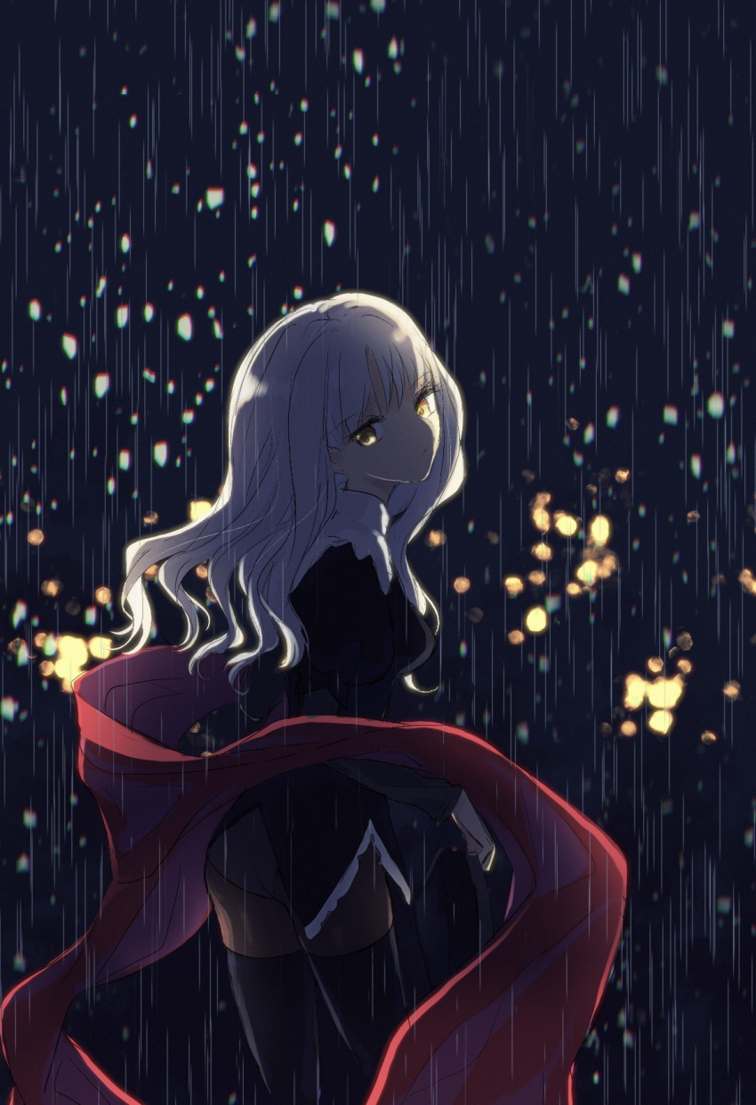 1girl black_jacket black_legwear caren_hortensia fate/hollow_ataraxia fate_(series) highres jacket long_hair long_sleeves looking_at_viewer looking_back matsuoka_(mtok_0) night outdoors panties panties_under_pantyhose pantyhose rain red_scarf scarf silver_hair solo underwear yellow_eyes