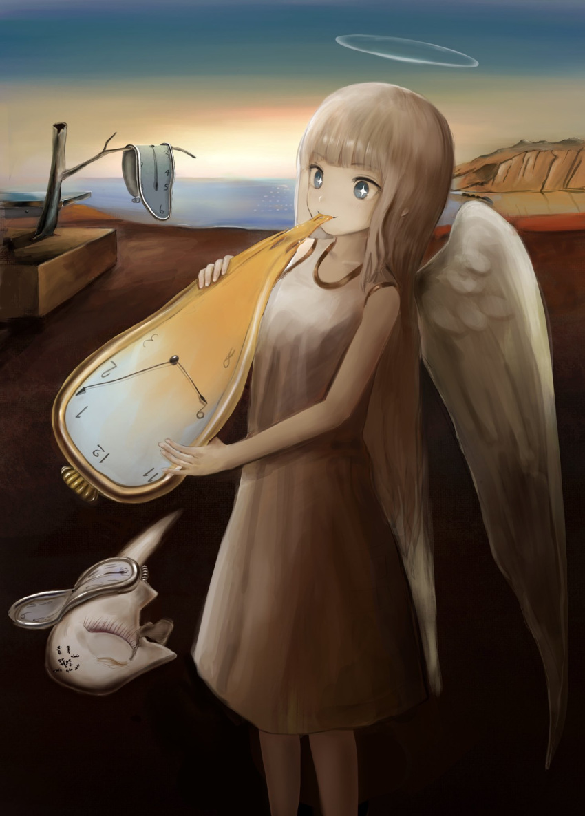 +_+ 1girl angel angel_wings bare_arms bare_shoulders bare_tree blue_eyes blue_sky brown_hair closed_mouth commentary_request day dress eating feathered_wings fine_art_parody fingernails halo highres holding horizon kakitani_jirou long_hair ocean original outdoors parody pocket_watch sky sleeveless sleeveless_dress solo standing surreal the_persistence_of_memory tree very_long_hair watch water white_dress white_wings wings