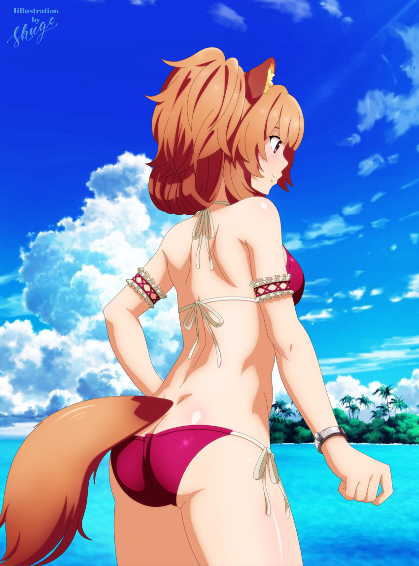 1girl absurdres animal_ears ass bare_arms bare_back bare_shoulders benjoerres bikini blush breasts brown_hair clouds commentary day english_commentary highres huge_filesize long_hair outdoors ponytail raccoon_ears raccoon_girl raccoon_tail raphtalia red_bikini solo swimsuit tail tate_no_yuusha_no_nariagari water