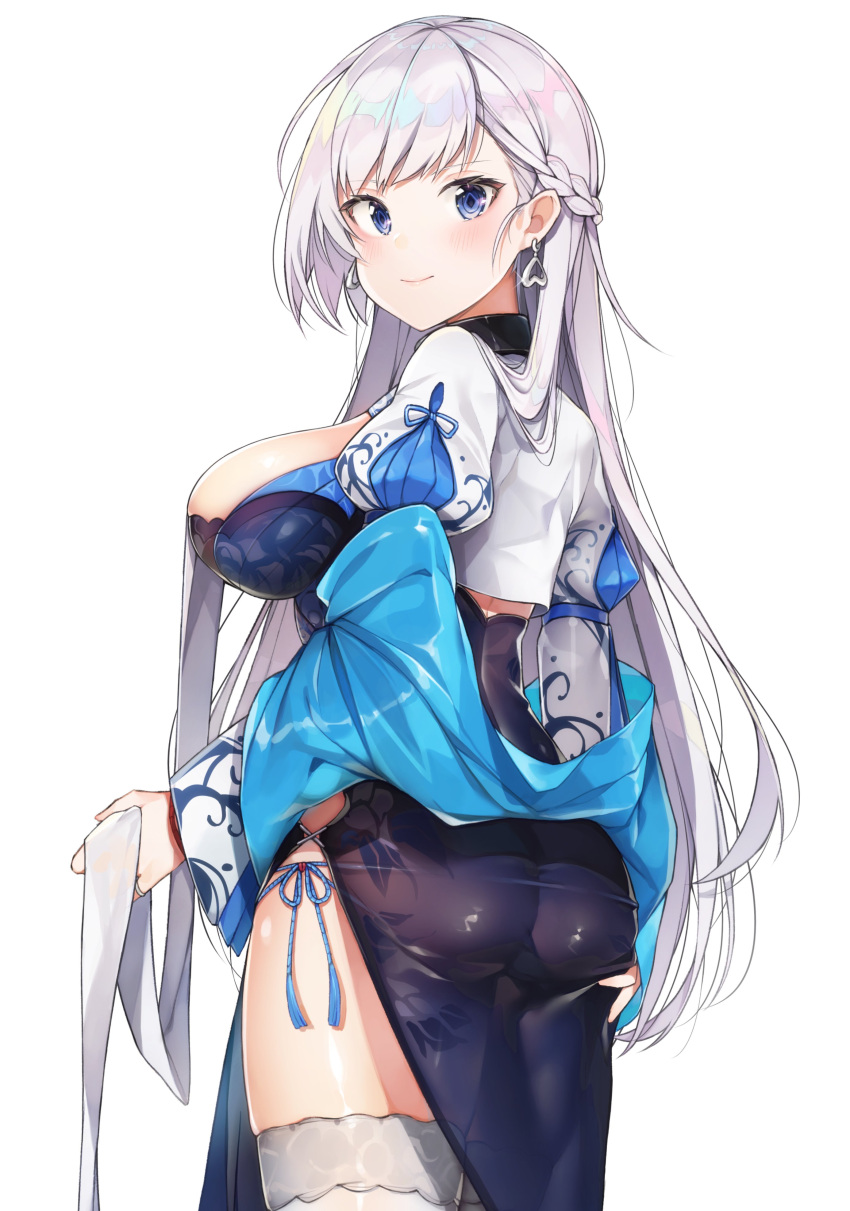 1girl absurdres alternate_costume ass azur_lane belfast_(azur_lane) belfast_(iridescent_rose)_(azur_lane) blue_eyes blush braid breasts chain china_dress chinese_clothes closed_mouth collar cowboy_shot dress earrings eyebrows_visible_through_hair from_behind glint heart heart_earrings highres jewelry large_breasts long_hair looking_at_viewer looking_back panties ring side-tie_panties silver_hair simple_background smile solo thigh-highs underwear white_background white_legwear yayoichi_(yoruyoru108)
