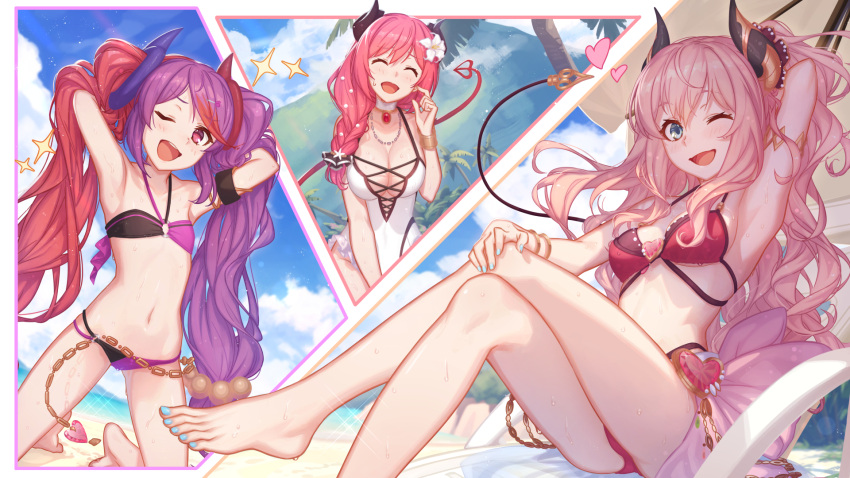3girls ;d ^_^ arm_behind_head armpits arms_up bare_arms bare_legs bare_shoulders barefoot bikini blue_eyes blue_sky blush breasts chain closed_eyes clouds commentary_request crossed_legs day demon_horns demon_tail flat_chest flower hair_flower hair_ornament hair_over_shoulder halterneck hasekura_io heart highres horns large_breasts long_hair looking_at_viewer m-ya medium_breasts minami_suzuna multicolored_hair multiple_girls nail_polish navel one-piece_swimsuit one_eye_closed open_mouth outdoors palm_tree pink_hair princess_connect! princess_connect!_re:dive purple_hair red_bikini red_eyes redhead revision sitting sky smile stomach swimsuit tail tamaizumi_misaki thighs tree twintails two-tone_hair very_long_hair wet white_flower white_swimsuit