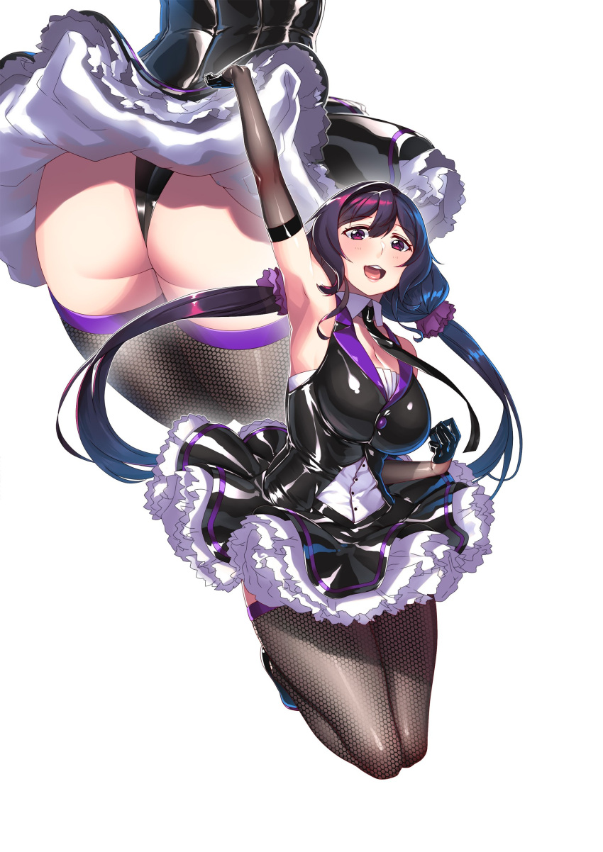 1girl absurdres arm_up armpits ass breasts female_admiral_(kantai_collection) fishnets gloves hiememiko highres kantai_collection large_breasts latex_dress necktie purple_hair thong violet_eyes white_background
