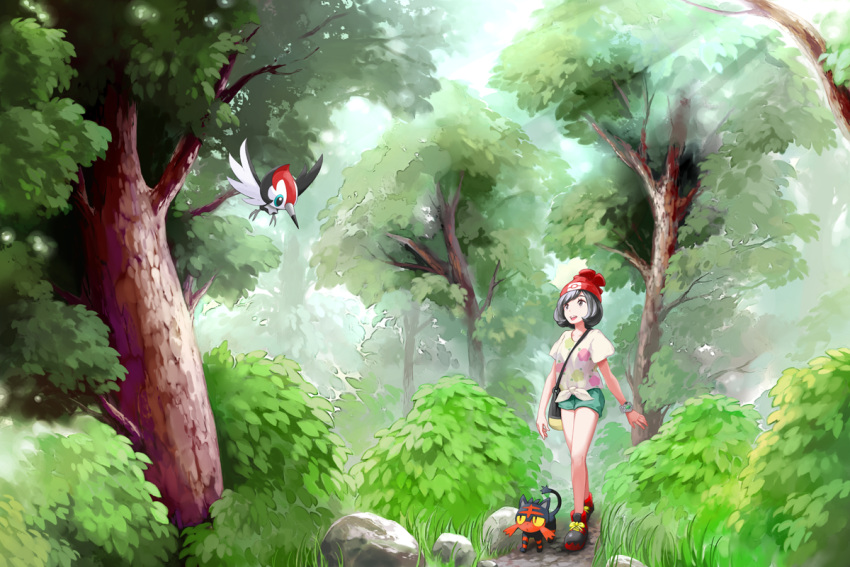 1girl :d bangs black_hair bracelet day forest full_body gen_7_pokemon green_shorts jewelry litten mizuki_(pokemon) mk_(mikka) nature open_mouth pikipek pokemon pokemon_(creature) pokemon_(game) pokemon_sm print_shirt shirt short_hair short_shorts short_sleeves shorts smile sunlight swept_bangs tied_shirt walking white_shirt