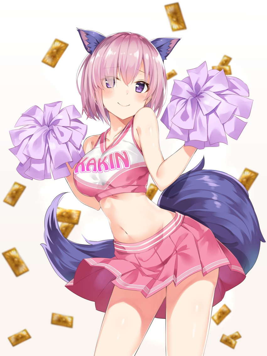1girl animal_ear_fluff animal_ears bare_arms bare_shoulders blurry blush breasts card cheerleader clothes_writing collarbone commentary_request cowboy_shot crop_top dangerous_beast depth_of_field fate/grand_order fate_(series) groin hair_over_one_eye hands_up highres holding_pom_poms looking_at_viewer mash_kyrielight medium_breasts midriff miniskirt navel pink_hair pink_shirt pink_skirt pleated_skirt pom_poms purple_hair shirt short_hair simple_background skirt sleeveless sleeveless_shirt smile solo standing stomach sweat tail takehana_note thighs violet_eyes white_background wolf_ears wolf_tail