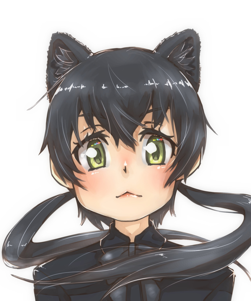 1girl :&lt; animal_ear_fluff animal_ears bangs black_hair black_leopard_(kemono_friends) black_neckwear bow bowtie commentary_request extra_ears eyebrows_visible_through_hair face green_eyes hair_between_eyes highres kemono_friends leopard_ears long_hair looking_at_viewer low_twintails portrait simple_background solo thin_(suzuneya) twintails white_background
