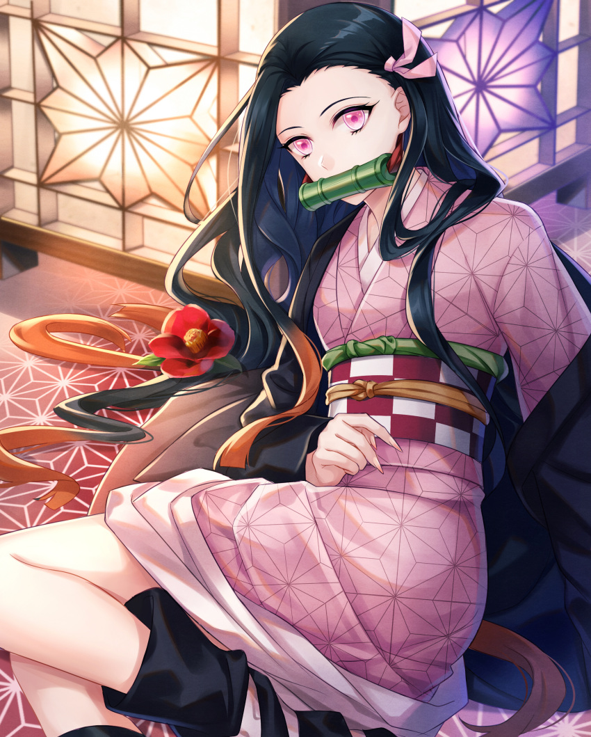 1girl absurdres black_hair brown_hair gradient_hair hair_ribbon haori highres japanese_clothes kamado_nezuko kimetsu_no_yaiba kimono long_hair long_sleeves multicolored_hair obi pink_eyes pink_kimono pink_ribbon print_kimono ribbon sash shiny shiny_hair solo very_long_hair yukata zukiyuki