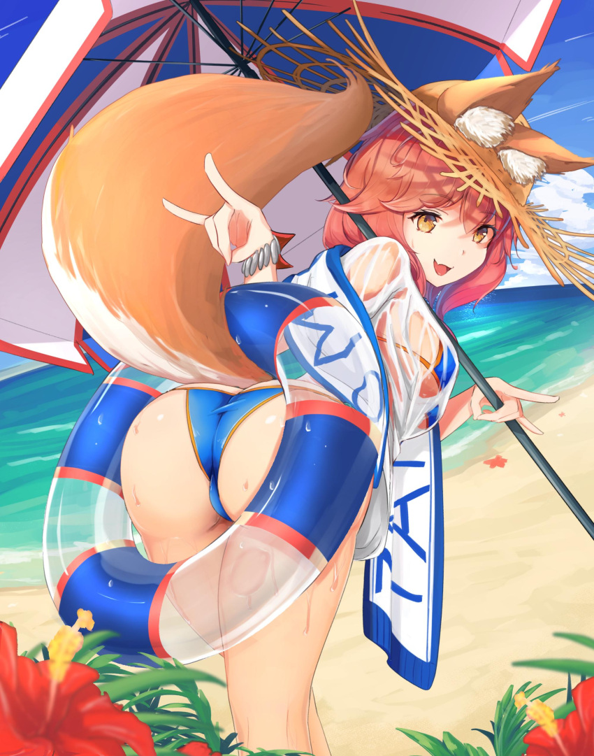 1girl absurdres animal_ear_fluff animal_ears ass bangs beach beach_umbrella bikini blue_bikini blue_sky bracelet brown_eyes clouds commentary_request day eyebrows_visible_through_hair fate/grand_order fate_(series) flower fox_ears fox_girl fox_tail haritaroxyx hat hibiscus highres holding innertube jewelry long_hair looking_at_viewer looking_back ocean outdoors pink_hair see-through shiny shiny_skin shirt shore sky solo straw_hat sun_hat swimsuit t-shirt tail tamamo_(fate)_(all) tamamo_no_mae_(fate) tamamo_no_mae_(swimsuit_lancer)_(fate) thighs umbrella water water_drop wet