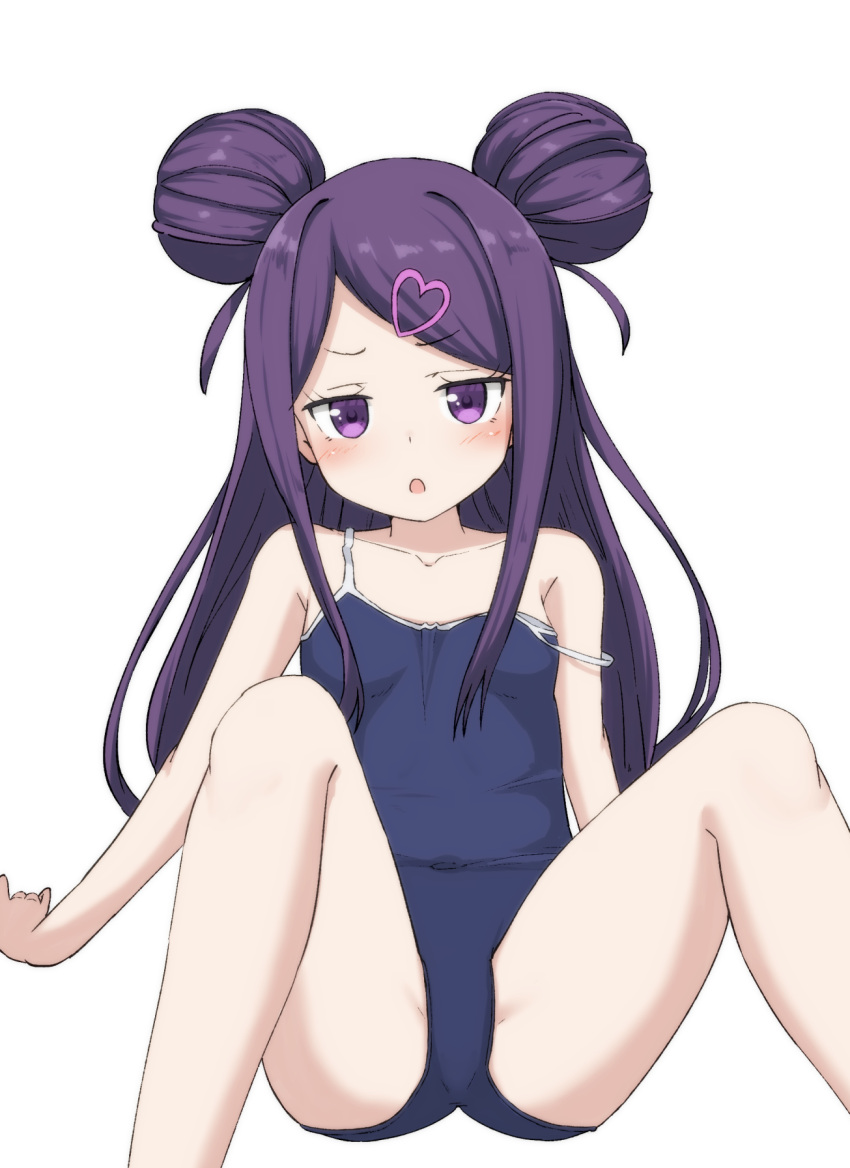 1girl :o bangs bare_arms bare_shoulders blue_swimsuit blush collarbone covered_navel double_bun feet_out_of_frame hair_ornament heart heart_hair_ornament highres hippo_(hirople) knees_up looking_at_viewer ochikobore_fruit_tart one-piece_swimsuit parted_lips purple_hair school_swimsuit sekino_roko simple_background sitting solo strap_slip swept_bangs swimsuit violet_eyes white_background
