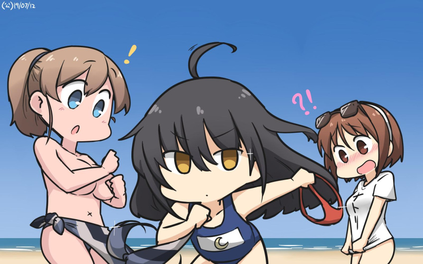 3girls ahoge beach bikini black_hair blue_eyes blue_sky blue_swimsuit breasts brown_eyes brown_hair clothes_theft clothes_writing commentary_request cowboy_shot crescent dated day eyewear_on_head hairband hamu_koutarou highres intrepid_(kantai_collection) kantai_collection large_breasts long_hair mikazuki_(kantai_collection) multicolored multicolored_bikini multicolored_clothes multiple_girls name_tag natori_(kantai_collection) outdoors ponytail sarong school_swimsuit shirt short_hair sky swimsuit t-shirt theft topless white_hairband x_navel